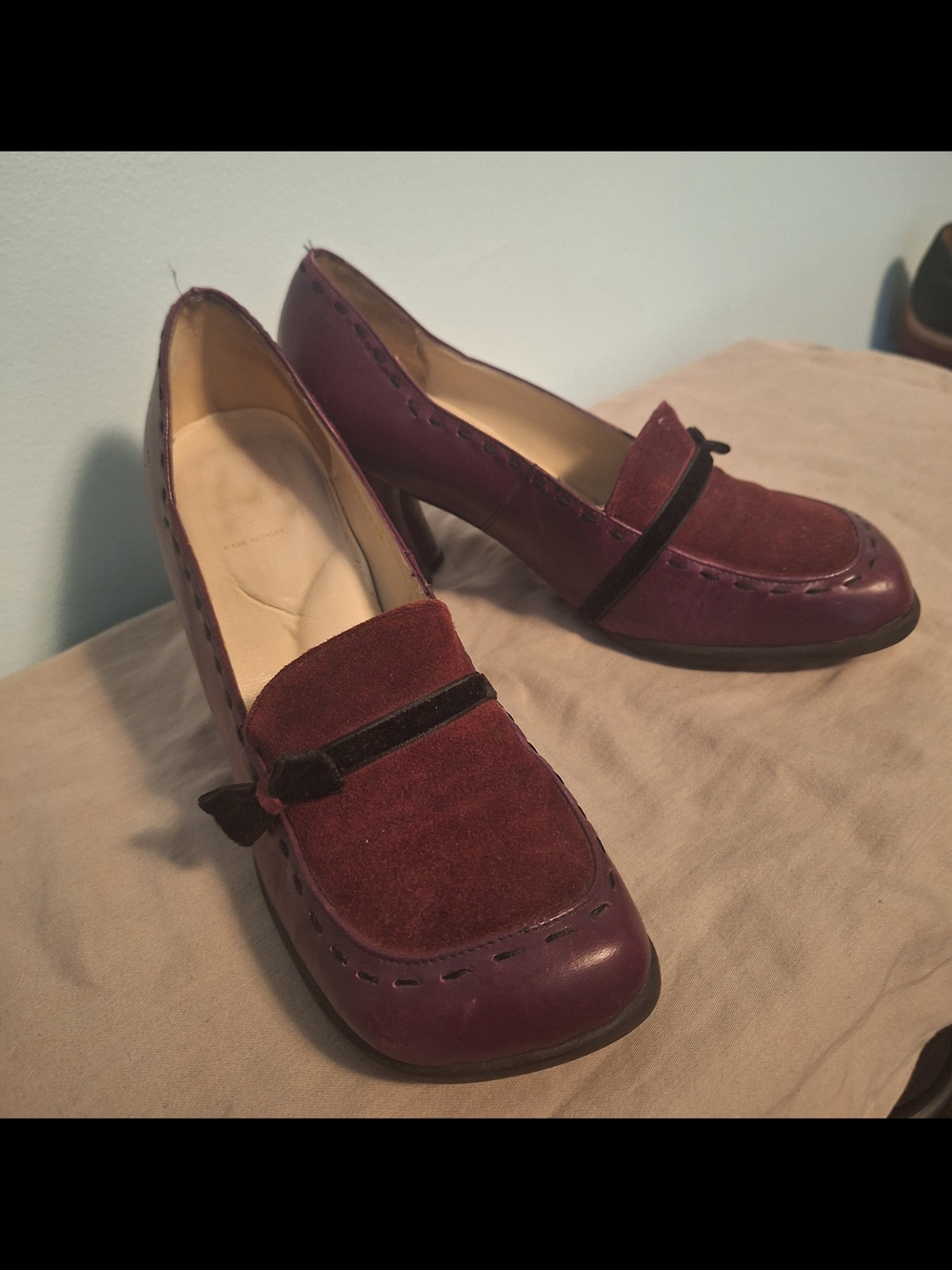 John Fluevog Burgundy Suede & Leather Mid-Heel Loafer